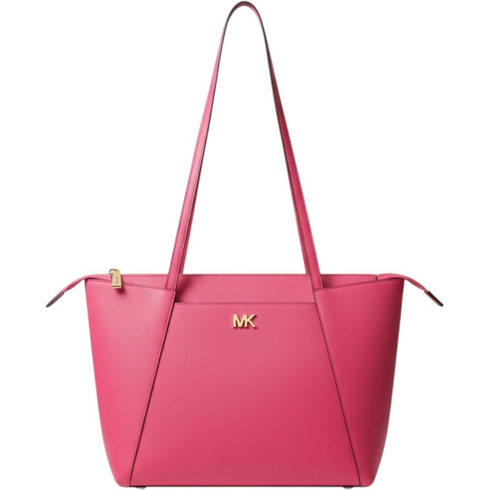 Michael Kors Pink Saffiano Leather Tote Bag Gold MK Logo Top Zip Shoulder Bag